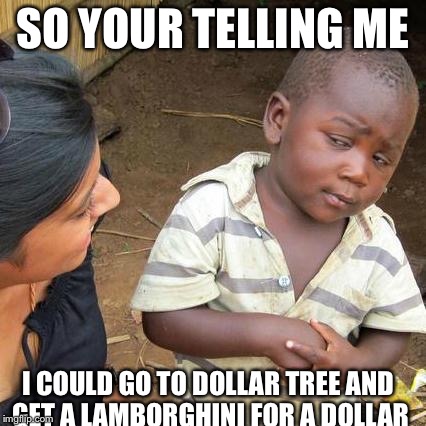 Third World Skeptical Kid Meme | SO YOUR TELLING ME; I COULD GO TO DOLLAR TREE AND GET A LAMBORGHINI FOR A DOLLAR | image tagged in memes,third world skeptical kid | made w/ Imgflip meme maker