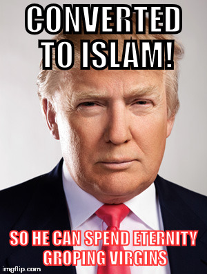 Donald Trump | CONVERTED TO ISLAM! SO HE CAN SPEND ETERNITY GROPING VIRGINS | image tagged in donald trump | made w/ Imgflip meme maker