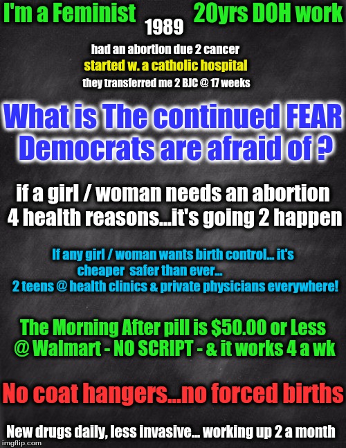 black blank | I'm a Feminist              20yrs DOH work; 1989; had an abortion due 2 cancer; started w. a catholic hospital; they transferred me 2 BJC @ 17 weeks; What is The continued FEAR Democrats are afraid of ? if a girl / woman needs an abortion 4 health reasons...it's going 2 happen; If any girl / woman wants birth control... it's cheaper  safer than ever...                      2 teens @ health clinics & private physicians everywhere! The Morning After pill is $50.00 or Less @ Walmart - NO SCRIPT - & it works 4 a wk; No coat hangers...no forced births; New drugs daily, less invasive... working up 2 a month | image tagged in black blank | made w/ Imgflip meme maker