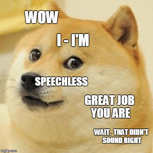 Doge Meme | WOW I - I'M SPEECHLESS GREAT JOB YOU ARE WAIT.  THAT DIDN'T SOUND RIGHT | image tagged in memes,doge | made w/ Imgflip meme maker