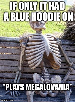 Waiting Skeleton Meme | IF ONLY IT HAD A BLUE HOODIE ON; *PLAYS MEGALOVANIA* | image tagged in memes,waiting skeleton | made w/ Imgflip meme maker