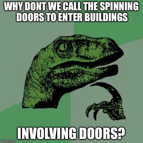 Philosoraptor | WHY DONT WE CALL THE SPINNING DOORS TO ENTER BUILDINGS; INVOLVING DOORS? | image tagged in memes,philosoraptor | made w/ Imgflip meme maker