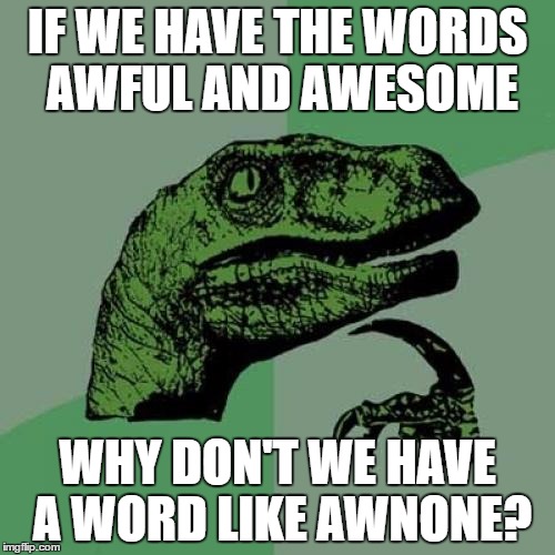 The bigger question is, what would it mean? | IF WE HAVE THE WORDS AWFUL AND AWESOME; WHY DON'T WE HAVE A WORD LIKE AWNONE? | image tagged in memes,philosoraptor,awesome,awful | made w/ Imgflip meme maker