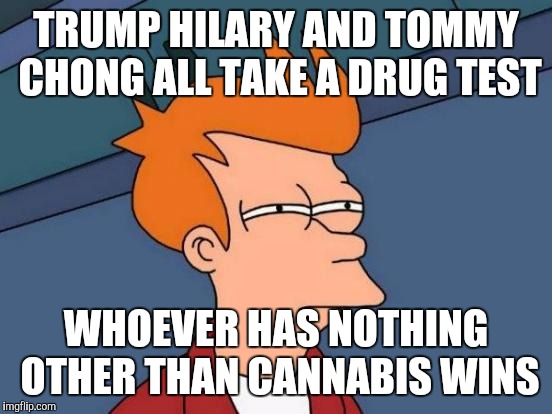 Futurama Fry | TRUMP HILARY AND TOMMY CHONG ALL TAKE A DRUG TEST; WHOEVER HAS NOTHING OTHER THAN CANNABIS WINS | image tagged in memes,futurama fry | made w/ Imgflip meme maker