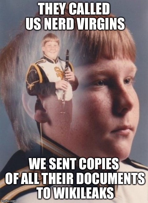 PTSD Clarinet Boy Meme | THEY CALLED US NERD VIRGINS; WE SENT COPIES OF ALL THEIR DOCUMENTS TO WIKILEAKS | image tagged in memes,ptsd clarinet boy | made w/ Imgflip meme maker
