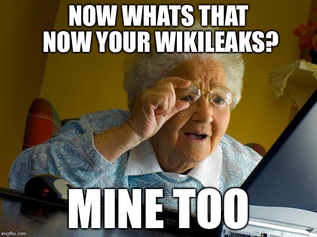 Grandma Finds The Internet | NOW WHATS THAT NOW YOUR WIKILEAKS? MINE TOO | image tagged in memes,grandma finds the internet | made w/ Imgflip meme maker