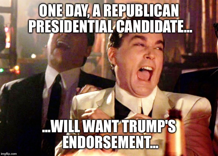Good Fellas Hilarious Meme | ONE DAY, A REPUBLICAN PRESIDENTIAL CANDIDATE... ...WILL WANT TRUMP'S ENDORSEMENT... | image tagged in memes,good fellas hilarious | made w/ Imgflip meme maker