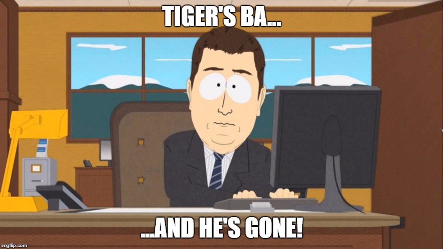 tiger woods and he's gone | TIGER'S BA... ...AND HE'S GONE! | image tagged in tiger woods,tiger,pga,pga tour,golf | made w/ Imgflip meme maker