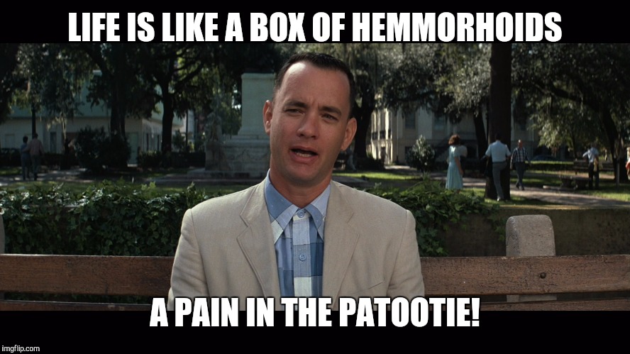 LIFE IS LIKE A BOX OF HEMMORHOIDS A PAIN IN THE PATOOTIE! | made w/ Imgflip meme maker