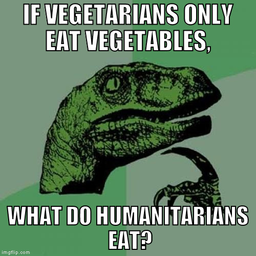 Philosoraptor Meme | IF VEGETARIANS ONLY EAT VEGETABLES, WHAT DO HUMANITARIANS EAT? | image tagged in memes,philosoraptor | made w/ Imgflip meme maker