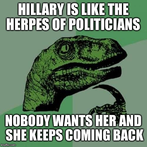STD of Politicians  | HILLARY IS LIKE THE HERPES OF POLITICIANS; NOBODY WANTS HER AND SHE KEEPS COMING BACK | image tagged in memes,philosoraptor,hillary clinton,donald trump,trump,clinton | made w/ Imgflip meme maker