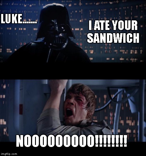 Star Wars No | LUKE....... I ATE YOUR SANDWICH; NOOOOOOOOO!!!!!!!! | image tagged in memes,star wars no | made w/ Imgflip meme maker