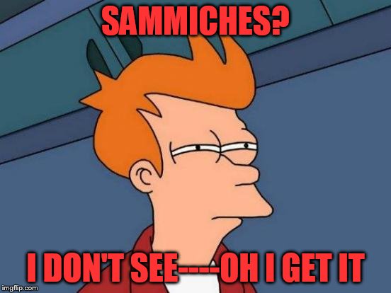 Futurama Fry Meme | SAMMICHES? I DON'T SEE----OH I GET IT | image tagged in memes,futurama fry | made w/ Imgflip meme maker