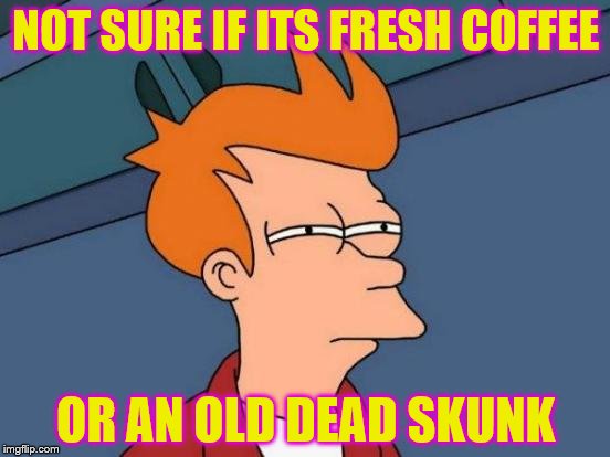 This will kick in when you drive past one on the road, have fun. | NOT SURE IF ITS FRESH COFFEE; OR AN OLD DEAD SKUNK | image tagged in memes,futurama fry | made w/ Imgflip meme maker