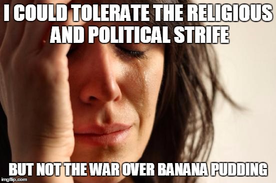 First World Problems Meme | I COULD TOLERATE THE RELIGIOUS AND POLITICAL STRIFE BUT NOT THE WAR OVER BANANA PUDDING | image tagged in memes,first world problems | made w/ Imgflip meme maker