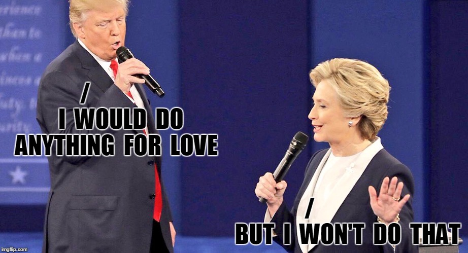 Debate Duet | /                 I  WOULD  DO  ANYTHING  FOR  LOVE; /                 BUT  I  WON'T  DO  THAT | image tagged in debate duet | made w/ Imgflip meme maker