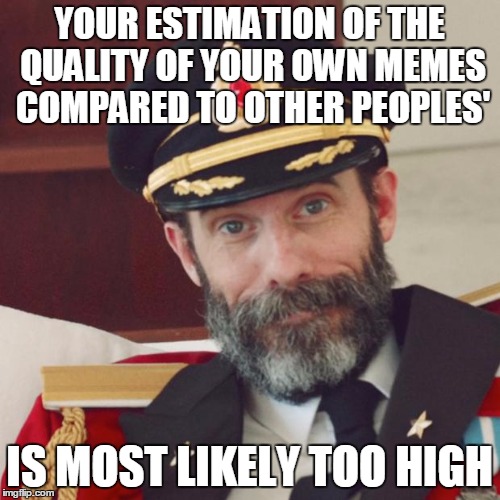 YOUR ESTIMATION OF THE QUALITY OF YOUR OWN MEMES COMPARED TO OTHER PEOPLES' IS MOST LIKELY TOO HIGH | made w/ Imgflip meme maker