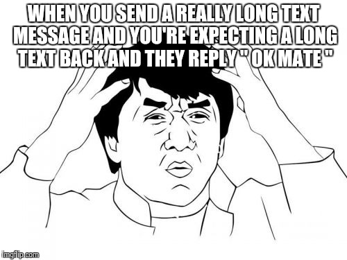 Jackie Chan WTF Meme | WHEN YOU SEND A REALLY LONG TEXT MESSAGE AND YOU'RE EXPECTING A LONG TEXT BACK AND THEY REPLY " OK MATE " | image tagged in memes,jackie chan wtf | made w/ Imgflip meme maker