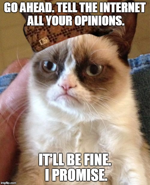 Grumpy Cat Meme | GO AHEAD. TELL THE INTERNET ALL YOUR OPINIONS. IT'LL BE FINE. I PROMISE. | image tagged in memes,grumpy cat,scumbag | made w/ Imgflip meme maker