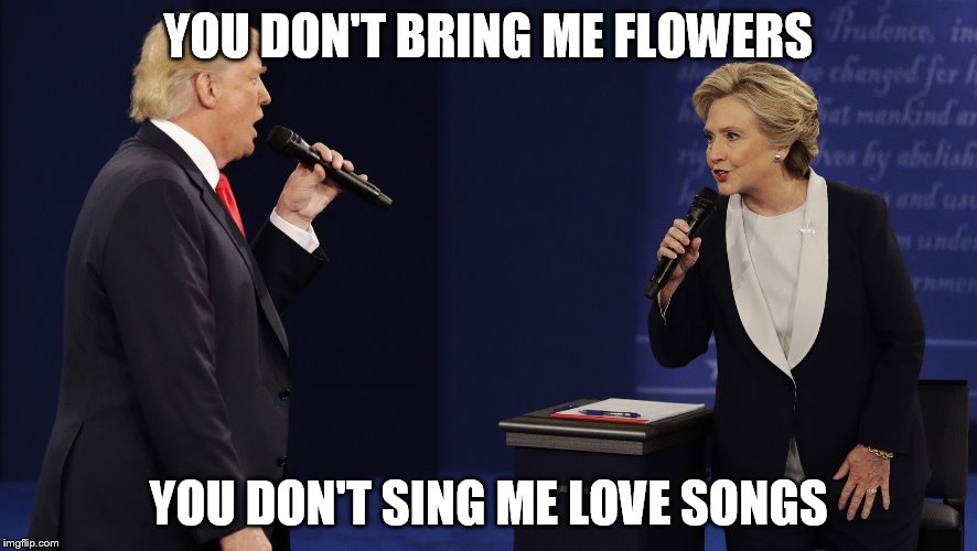 Trump and Clinton Duet | YOU DON'T BRING ME FLOWERS; YOU DON'T SING ME LOVE SONGS | image tagged in trump and clinton duet | made w/ Imgflip meme maker