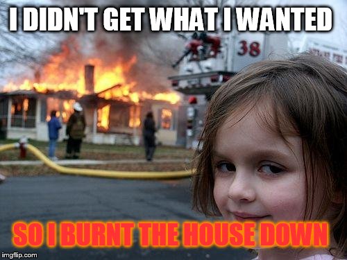 Disaster Girl Meme | I DIDN'T GET WHAT I WANTED; SO I BURNT THE HOUSE DOWN | image tagged in memes,disaster girl | made w/ Imgflip meme maker