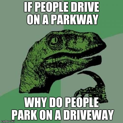 Philosoraptor | IF PEOPLE DRIVE ON A PARKWAY; WHY DO PEOPLE PARK ON A DRIVEWAY | image tagged in memes,philosoraptor | made w/ Imgflip meme maker