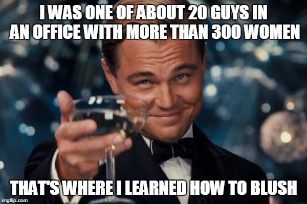 Leonardo Dicaprio Cheers Meme | I WAS ONE OF ABOUT 20 GUYS IN AN OFFICE WITH MORE THAN 300 WOMEN THAT'S WHERE I LEARNED HOW TO BLUSH | image tagged in memes,leonardo dicaprio cheers | made w/ Imgflip meme maker