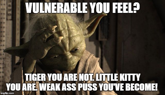 yoda vulnerable | VULNERABLE YOU FEEL? TIGER YOU ARE NOT. LITTLE KITTY YOU ARE. WEAK ASS PUSS YOU'VE BECOME! | image tagged in tiger,tiger woods,golf,pga,pga tour,yoda | made w/ Imgflip meme maker