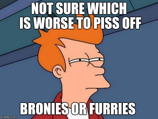 Futurama Fry Meme | NOT SURE WHICH IS WORSE TO PISS OFF BRONIES OR FURRIES | image tagged in memes,futurama fry | made w/ Imgflip meme maker