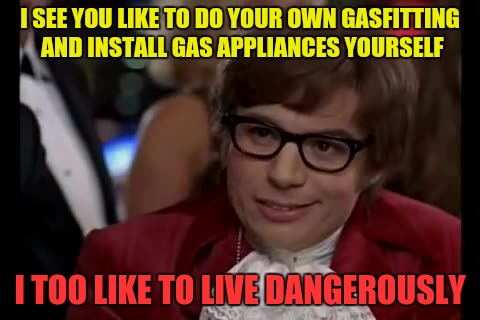 I Too Like To Live Dangerously | I SEE YOU LIKE TO DO YOUR OWN GASFITTING AND INSTALL GAS APPLIANCES YOURSELF; I TOO LIKE TO LIVE DANGEROUSLY | image tagged in memes,i too like to live dangerously | made w/ Imgflip meme maker