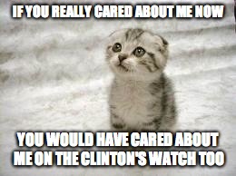 Sad Cat Meme | IF YOU REALLY CARED ABOUT ME NOW; YOU WOULD HAVE CARED ABOUT ME ON THE CLINTON'S WATCH TOO | image tagged in memes,sad cat | made w/ Imgflip meme maker