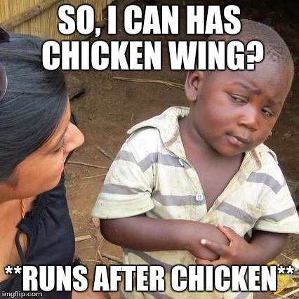 Third World Skeptical Kid Meme | SO, I CAN HAS CHICKEN WING? **RUNS AFTER CHICKEN** | image tagged in memes,third world skeptical kid | made w/ Imgflip meme maker