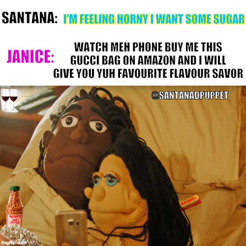 Vibzing in bed | I'M FEELING HORNY I WANT SOME SUGAR; SANTANA:; WATCH MEH PHONE BUY ME THIS GUCCI BAG ON AMAZON AND I WILL GIVE YOU YUH FAVOURITE FLAVOUR SAVOR; JANICE:; @SANTANADPUPPET | image tagged in vibzing in bed | made w/ Imgflip meme maker