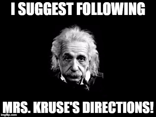 Albert Einstein 1 Meme | I SUGGEST FOLLOWING; MRS. KRUSE'S DIRECTIONS! | image tagged in memes,albert einstein 1 | made w/ Imgflip meme maker