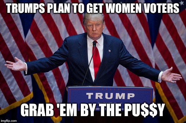 Donald Trump | TRUMPS PLAN TO GET WOMEN VOTERS; GRAB 'EM BY THE PU$$Y | image tagged in donald trump | made w/ Imgflip meme maker