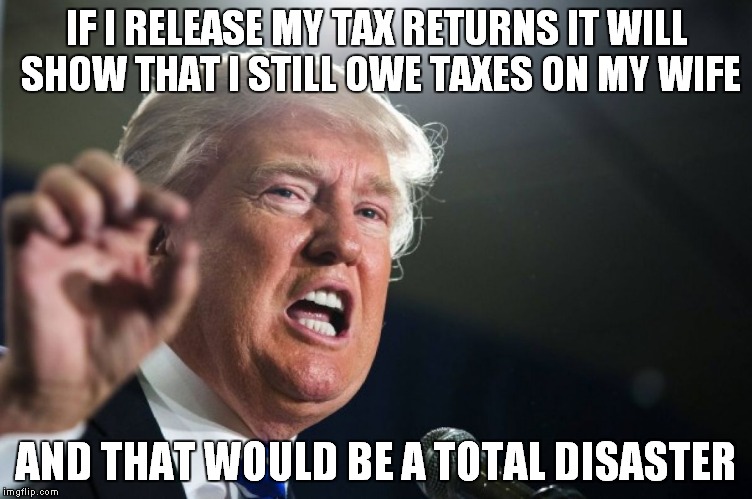 donald trump | IF I RELEASE MY TAX RETURNS IT WILL SHOW THAT I STILL OWE TAXES ON MY WIFE; AND THAT WOULD BE A TOTAL DISASTER | image tagged in donald trump | made w/ Imgflip meme maker