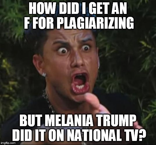 DJ Pauly D Meme | HOW DID I GET AN F FOR PLAGIARIZING; BUT MELANIA TRUMP DID IT ON NATIONAL TV? | image tagged in memes,dj pauly d | made w/ Imgflip meme maker