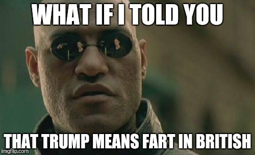I'm so mature... | WHAT IF I TOLD YOU; THAT TRUMP MEANS FART IN BRITISH | image tagged in memes,matrix morpheus,trump,fart,potty humor | made w/ Imgflip meme maker