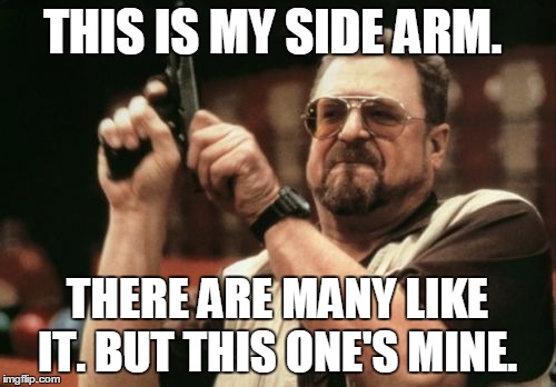 Am I The Only One Around Here Meme | THIS IS MY SIDE ARM. THERE ARE MANY LIKE IT. BUT THIS ONE'S MINE. | image tagged in memes,am i the only one around here | made w/ Imgflip meme maker