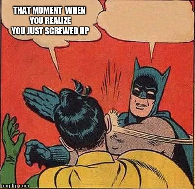 Batman Slapping Robin Meme | THAT MOMENT  WHEN YOU REALIZE YOU JUST SCREWED UP | image tagged in memes,batman slapping robin | made w/ Imgflip meme maker