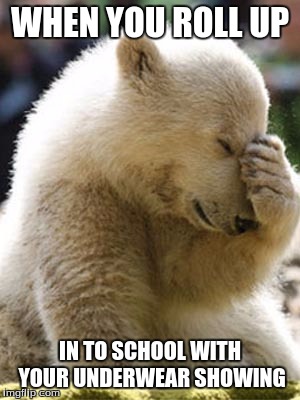 Facepalm Bear | WHEN YOU ROLL UP; IN TO SCHOOL WITH YOUR UNDERWEAR SHOWING | image tagged in memes,facepalm bear | made w/ Imgflip meme maker