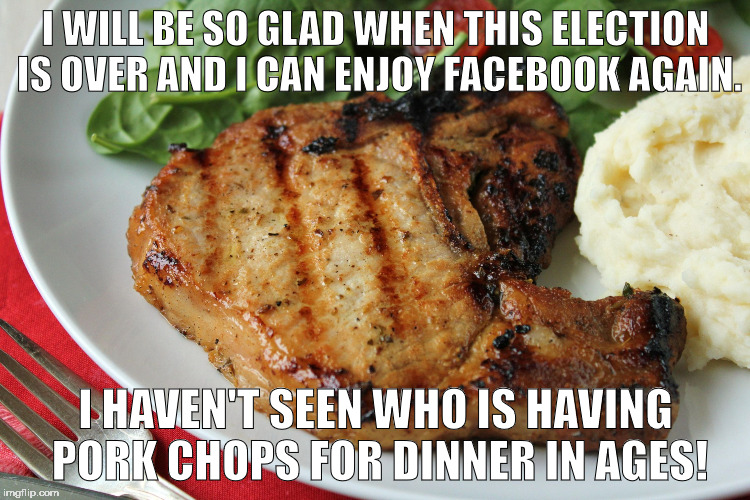 Pork Chop | I WILL BE SO GLAD WHEN THIS ELECTION IS OVER AND I CAN ENJOY FACEBOOK AGAIN. I HAVEN'T SEEN WHO IS HAVING PORK CHOPS FOR DINNER IN AGES! | image tagged in pork chop | made w/ Imgflip meme maker