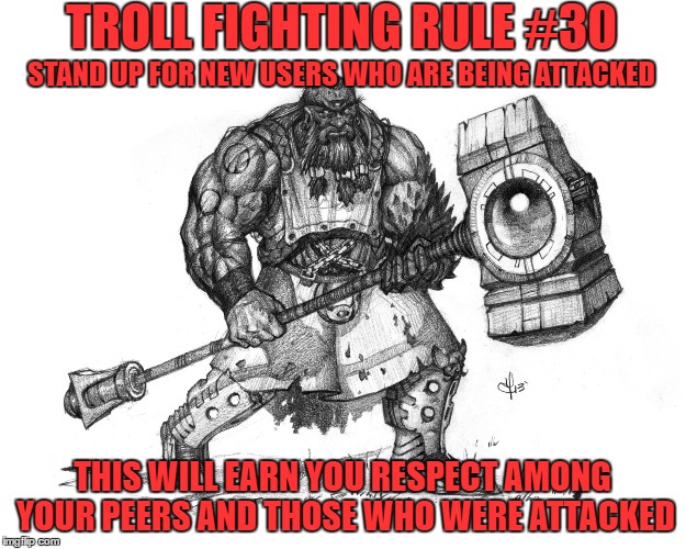 Troll Fighting Rule #30 | TROLL FIGHTING RULE #30; STAND UP FOR NEW USERS WHO ARE BEING ATTACKED; THIS WILL EARN YOU RESPECT AMONG YOUR PEERS AND THOSE WHO WERE ATTACKED | image tagged in troll smasher | made w/ Imgflip meme maker