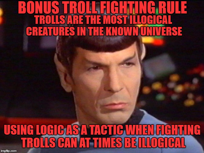 Bonus Troll Fighting Rule | BONUS TROLL FIGHTING RULE; TROLLS ARE THE MOST ILLOGICAL CREATURES IN THE KNOWN UNIVERSE; USING LOGIC AS A TACTIC WHEN FIGHTING TROLLS CAN AT TIMES BE ILLOGICAL | image tagged in spock - doubtful | made w/ Imgflip meme maker