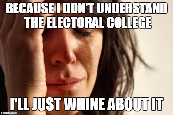 First World Problems Meme | BECAUSE I DON'T UNDERSTAND THE ELECTORAL COLLEGE I'LL JUST WHINE ABOUT IT | image tagged in memes,first world problems | made w/ Imgflip meme maker