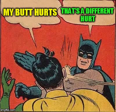 Batman Slapping Robin Meme | MY BUTT HURTS THAT'S A DIFFERENT HURT | image tagged in memes,batman slapping robin | made w/ Imgflip meme maker