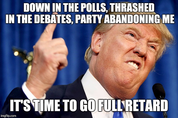 Donald Trump | DOWN IN THE POLLS, THRASHED IN THE DEBATES, PARTY ABANDONING ME; IT'S TIME TO GO FULL RETARD | image tagged in donald trump,election 2016,memes | made w/ Imgflip meme maker