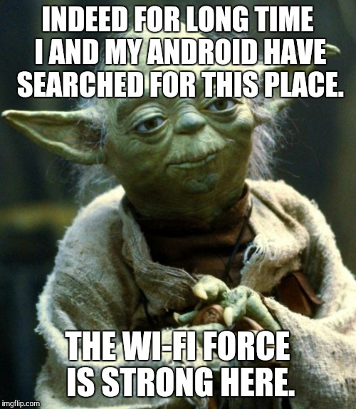Star Wars Yoda | INDEED FOR LONG TIME I AND MY ANDROID HAVE SEARCHED FOR THIS PLACE. THE WI-FI FORCE IS STRONG HERE. | image tagged in memes,star wars yoda | made w/ Imgflip meme maker