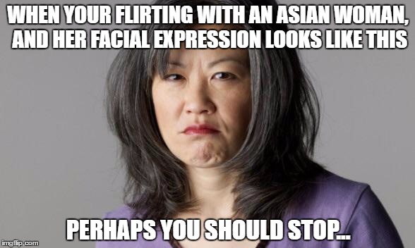 I'm Just Saying...0_0 | WHEN YOUR FLIRTING WITH AN ASIAN WOMAN, AND HER FACIAL EXPRESSION LOOKS LIKE THIS; PERHAPS YOU SHOULD STOP... | image tagged in imgflip,china,asian,woman,funny,memes | made w/ Imgflip meme maker