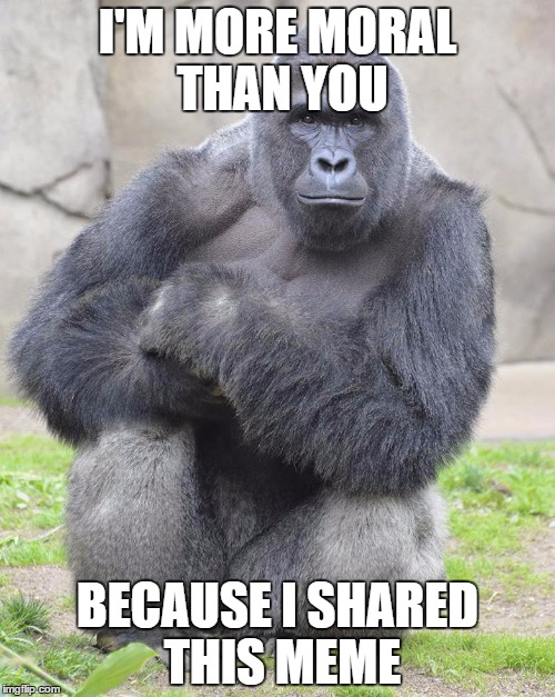 meta meme | I'M MORE MORAL THAN YOU; BECAUSE I SHARED THIS MEME | image tagged in harambe | made w/ Imgflip meme maker